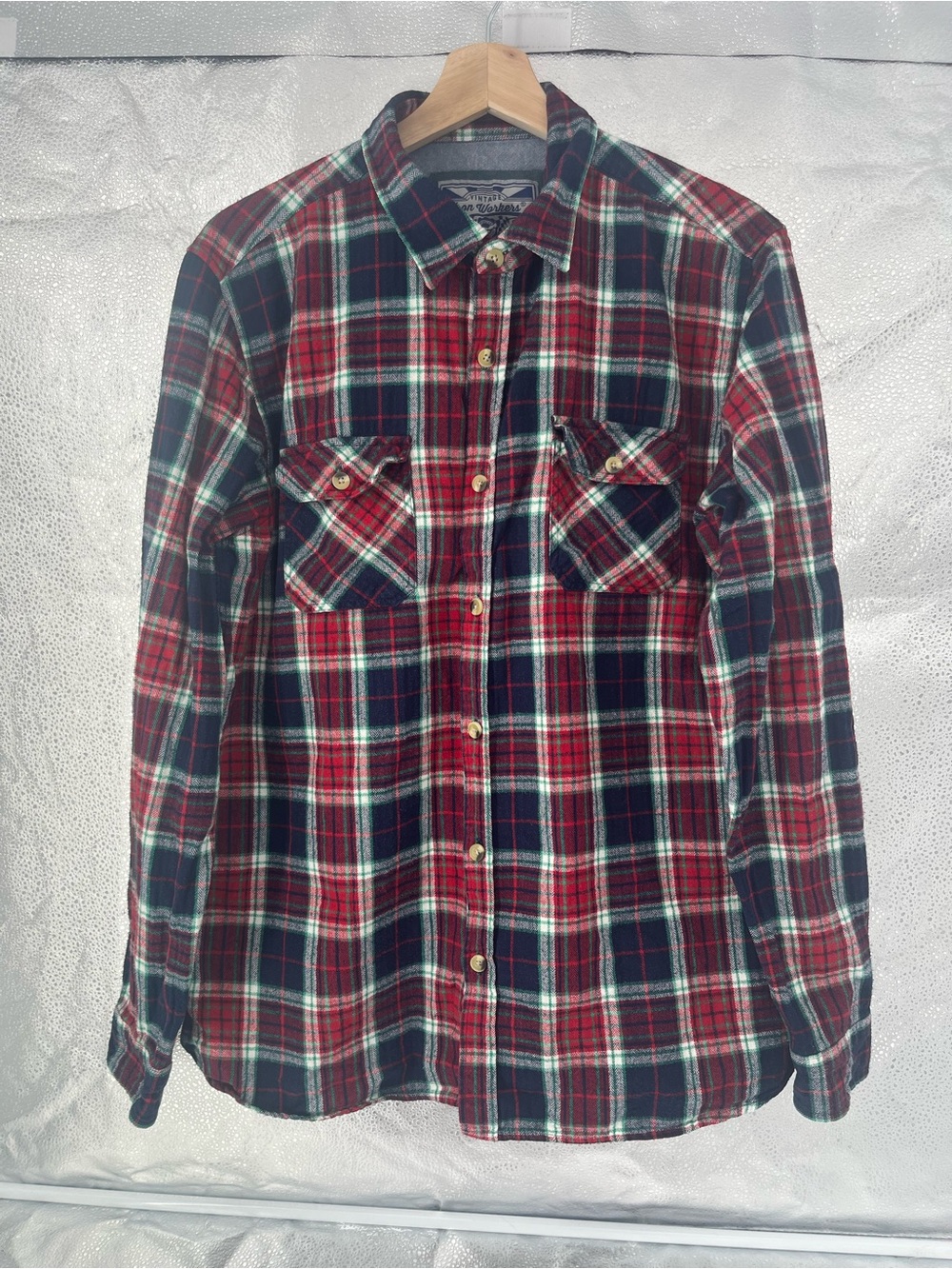 Iron Workers Vintage 100% Cotton Red and Navy Plaid Long Sleeve Flannel Shirt XL